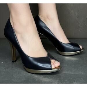 Anne Klein Black Leather Gold Platform Peep Toe Heels Women’s 8.5M